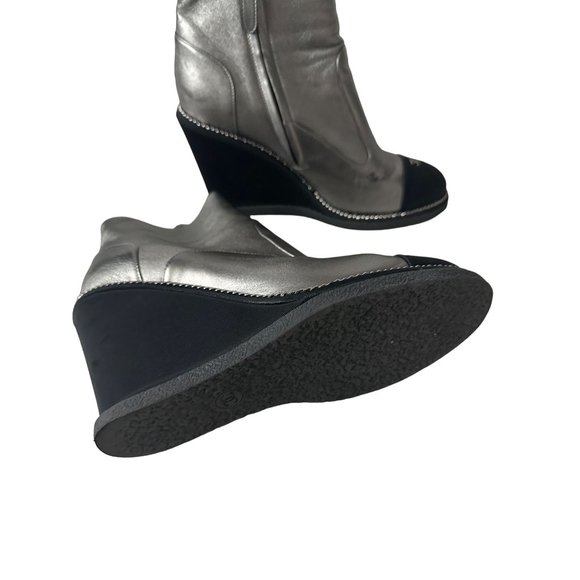 CHANEL Silver and Black Wedge Ankle Boots - Picture 6 of 15